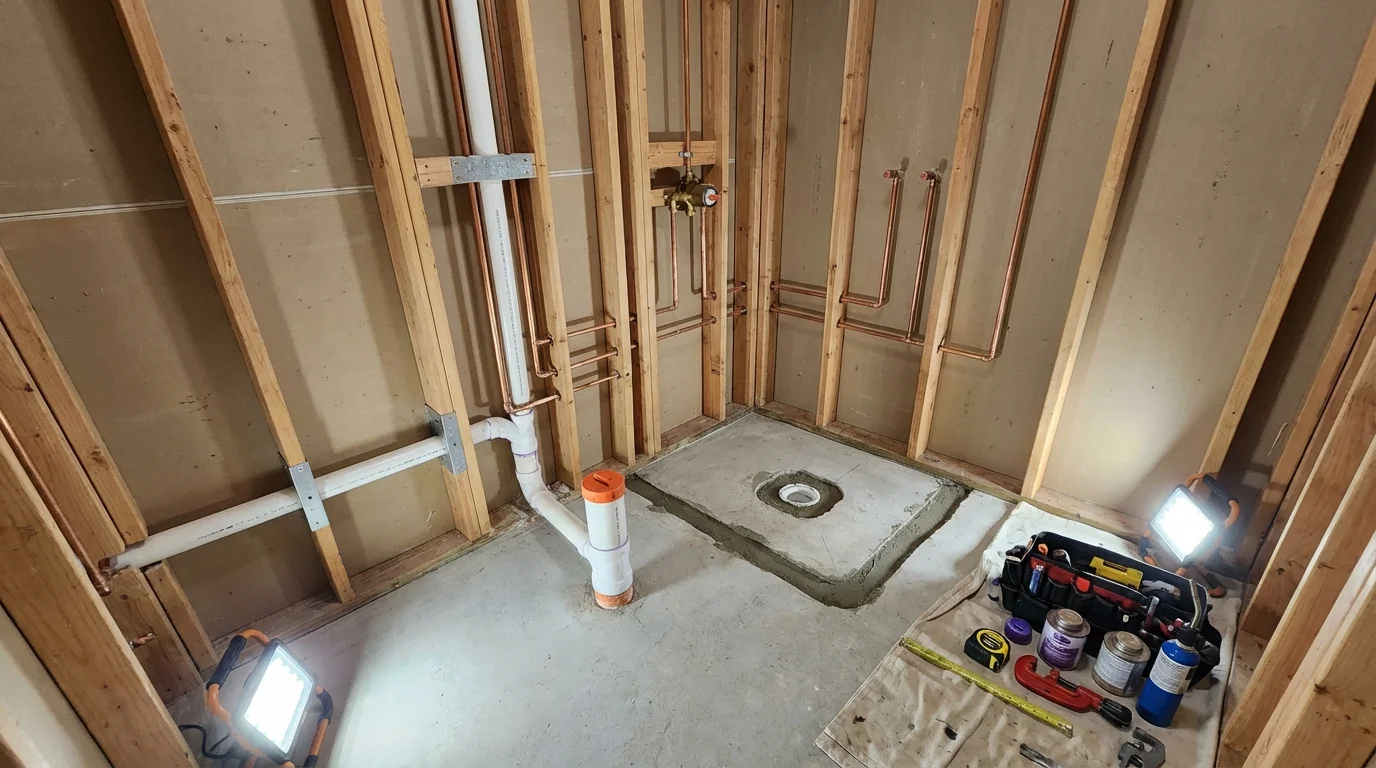Bathroom rough-in plumbing during remodel by Johns Plumbing LLC in Wenatchee