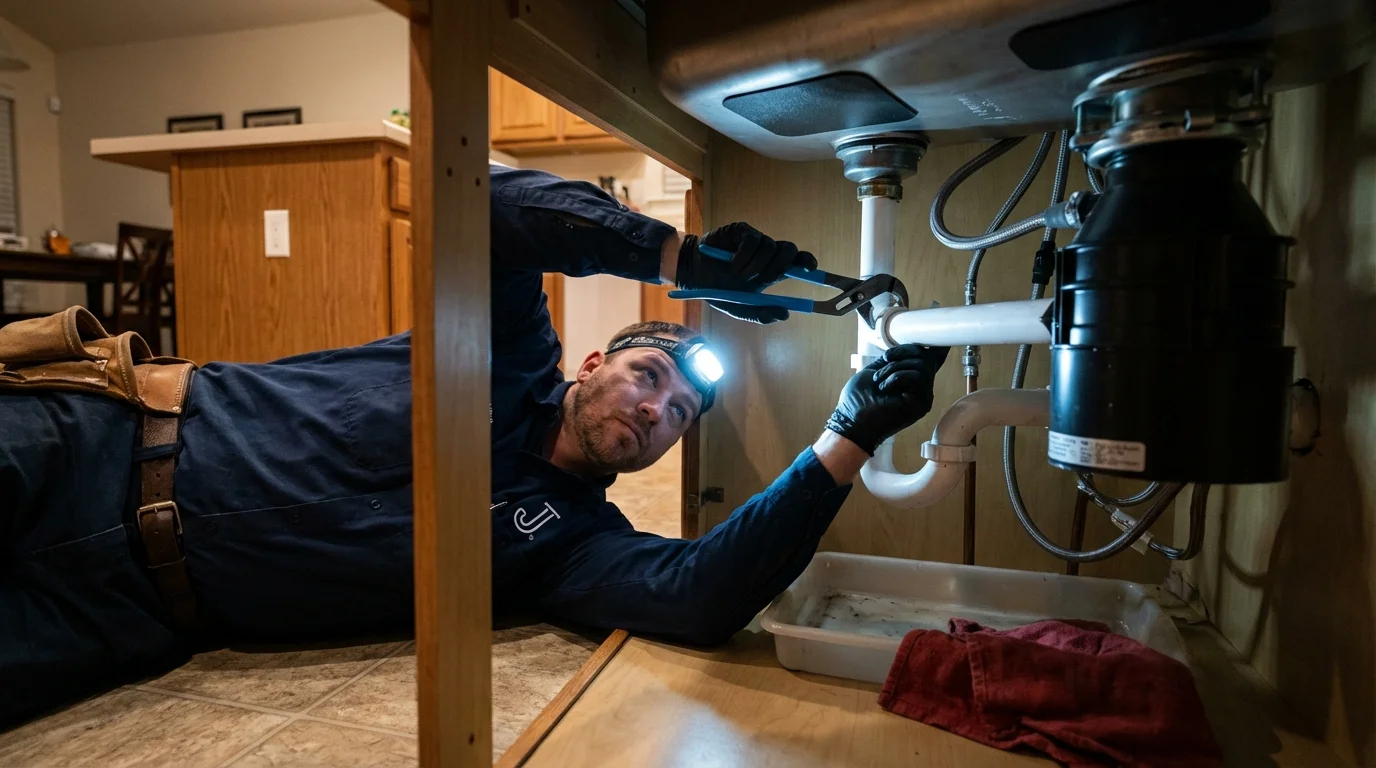 P-trap and supply line connections under a kitchen sink showing a common leak point in Wenatchee, WA